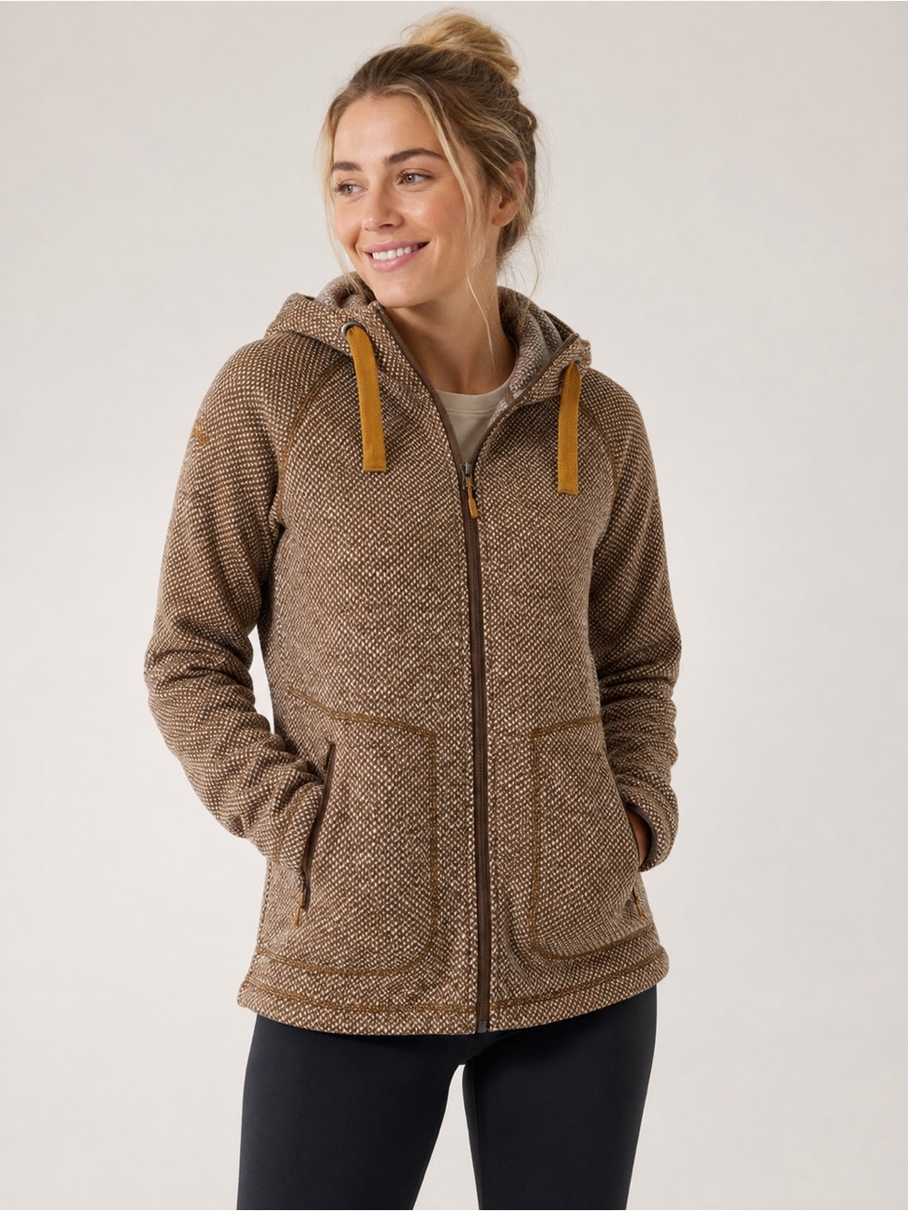 Rab Amy Caramel Brown Hooded Chunky Knit Look Zip Jacket Cozy Camping Medium